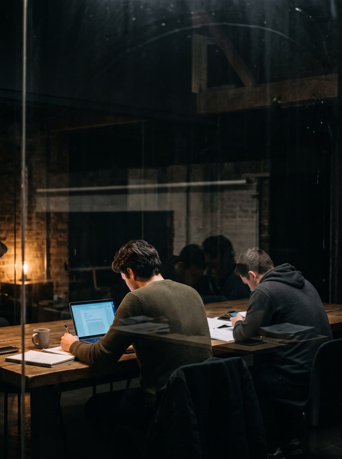 Two people working late at a shared table, seen through a glass partition